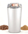 Compact Electric Flax Seed Grinder for Smooth Fresh Grinding Perfect Spice Mill For Daily Kitchen Use Plug In Design with flax seeds and ground powder.