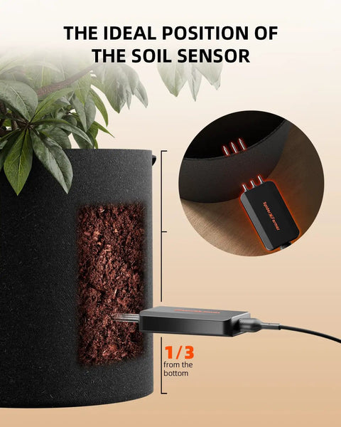 Dialed-In 3-In-1 Soil Sensor Pro Kit For Indoor Grow Tents High-Precision Temperature Moisture And EC Readings From Durable Probes Ideal For Home Grow Rooms And Smart Gardeners Seeking Fast Soil Health Insights, placed 1/3 from bottom in fabric pot