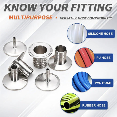Top Shelf Pro Grade One Point Five Inch Tri Clamp To Quarter Inch Hose Barb Adapter Connector Solid SUS304 Stainless Steel fittings for various hoses.