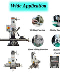 Precision Benchtop Drill And Mill Machine Featuring R8 Spindle Taper And 1.5HP Brushless Motor with various application functions.