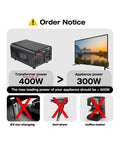 Diagram showing 500W Voltage Transformer Power Converter 110V To 220V And 220V To 110V with appliance warnings.