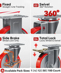 Heavy Duty 5 Inch Swivel Casters Set Of Four With Cast Iron Core And Polyurethane Tread display showing fixed, swivel, side brake, and total lock features.
