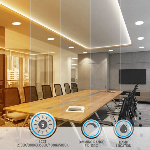 Ultra Thin 8 Inch LED Recessed Downlight With Junction Box, 5CCT Selectable 2700K 3000K 3500K 4000K 5000K, CRI90, in an office setting