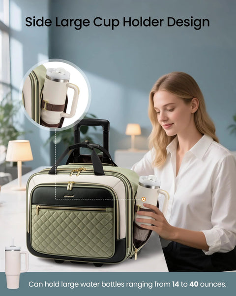 woman using women's TSA rolling laptop bag with side cup holder
