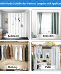 Adjustable Stainless Steel Shower Curtain Rod 1 Inch Diameter Extends From 50 To 86 Inches, Spring Tension Design, in various settings