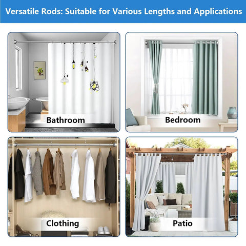 Adjustable Stainless Steel Shower Curtain Rod 1 Inch Diameter Extends From 50 To 86 Inches, Spring Tension Design, in various settings