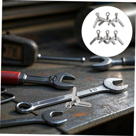 Six Piece Stainless Flange Bolt Fasteners Kit With Hole Hand Tightened Wing Screws showcased on a workbench.