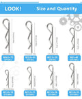 Chart showing Eight Sizes R Clips Set with Ninety Pieces Hairpin Cotter Pins in premium 304 stainless steel, various sizes visible.