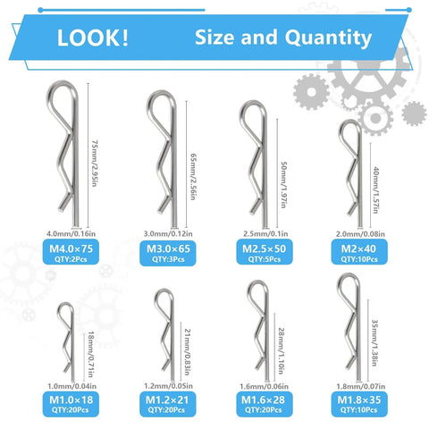 Chart showing Eight Sizes R Clips Set with Ninety Pieces Hairpin Cotter Pins in premium 304 stainless steel, various sizes visible.