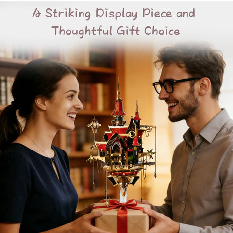 Epic 3D Wooden Puzzle Kit For Adults Steampunk Castle Model With LED Lights DIY Architectural Build For Display Decor And Gift Ideas 699 Pieces Great Gift For Puzzle Lovers, couple holding gift