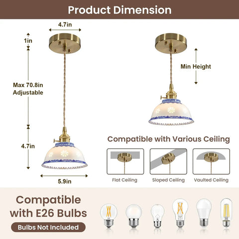 Ceramic Blue and White Pendant Light, Porcelain Light Fixture Kitchen Island dimensions illustration with adjustable height.