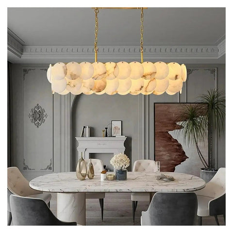 Ceiling Pendant Light, Luxury Natural Marble Design Modern Chandeliers for Living Room Bedroom Dining Kitchen Ceiling Pendant Light Lustre Fixture(Warm Light,L100CM) in a stylish dining room setting.
