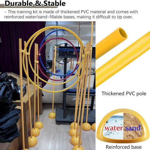 Drone Obstacle Course Kit For RC FPV Racing with PVC poles and reinforced sand-fillable bases, indoor setup view.