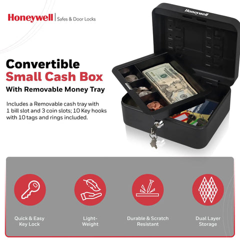 Workhorse Metal Cash Box With Removable Money Tray And Key Lock for quick cash and key organization, open view with contents