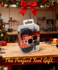 HORUSDY 8-piece hole saw kit in clear plastic case with mandrel and hex key on a workbench.