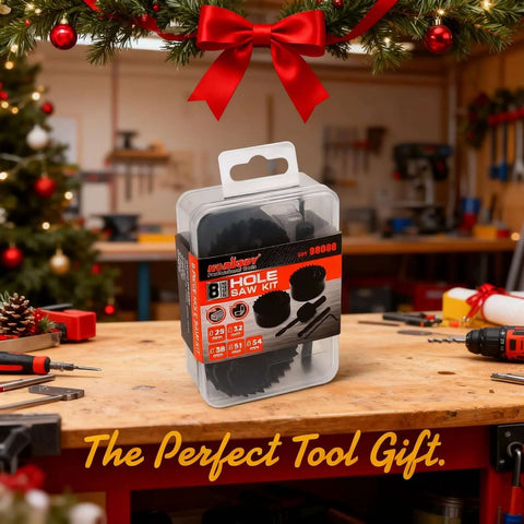HORUSDY 8-piece hole saw kit in clear plastic case with mandrel and hex key on a workbench.