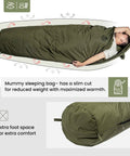 3-Season Mummy Sleeping Bag For Camping, Hiking, And Backpacking With Water-Repellent Shell, showing man inside and foot space