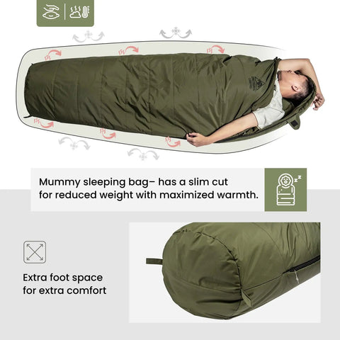 3-Season Mummy Sleeping Bag For Camping, Hiking, And Backpacking With Water-Repellent Shell, showing man inside and foot space