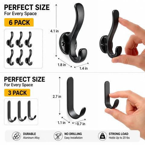 6 Pack Black Aluminum Coat Hooks No Drill Heavy Duty Wall Hooks Hold 50 Lbs Rust Proof Corrosion Resistant For Bathroom Kitchen Laundry Garage Great For Mudroom Hallways Closets And Entryways, 6 hooks and 3 small hooks