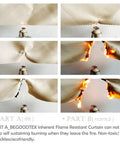 Side-by-side comparison of inherent flame retardant vs. normal curtain showing fire resistance test, highlighting product's effectiveness.