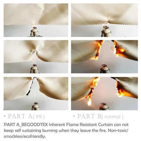 Side-by-side comparison of inherent flame retardant vs. normal curtain showing fire resistance test, highlighting product's effectiveness.