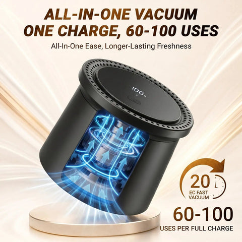 Mason Jar Vacuum Sealer Kit, 20s Fast Seal, cordless electric sealer illustration with digital display and vacuum effect