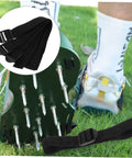 Garden Aerator Shoes Straps Eight Pack Turf Spike Laces For Easy Lawn Aeration And Garden Care, shown with sandals on grass