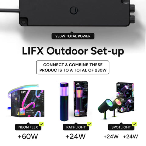 Outdoor Landscape Low Voltage Plug In Power Supply Kit With Dual Output Easy Plug In Setup No Transformer Required Weatherproof Cabling Supports Up To Eight Path Or Spot Lights Includes 10 Ft Extension Cable And T Connectors image with neon flex, pathlight, and spotlight options shown.