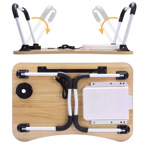 Foldable Laptop Desk For Bed Or Couch, Portable Laptop Table With Drawer, folded view showing cup holder and USB ports