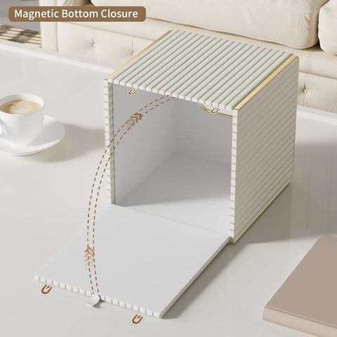 White Leather Tissue Box Cover With Gold Tone Edging, Modern Cube Vessel with open magnetic bottom closure on table