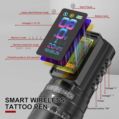 Cordless Tattoo Gun With 2300mAh Battery, Wireless Tattoo Machine with smart display highlighting modes and voltage settings.