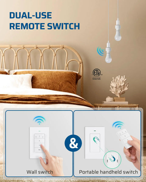 Wireless Remote Light Switch Kit For Lamps And Fixtures No Wiring Needed 100 Ft Range Wall Mounted Controller Plus Two Sockets