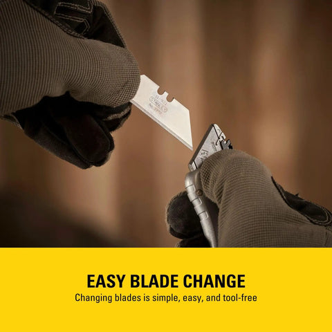 Sport Knife With Easy Blade Change And One Handed Quick Slide Blade Slider Takes Standard Utility Blades Safety Feature Prevents Dual Blades Two And Seven Sixteenth Inch Blade Five And Quarter Inch Handle Silver Finish shown with gloved hands changing blade