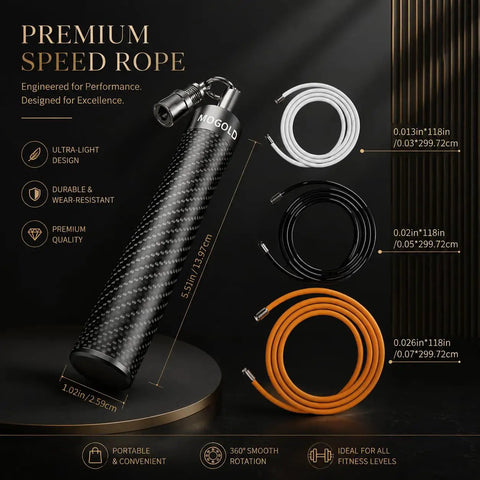 Weighted Jump Rope for HIIT and MMA Training with Carbon Fiber Handle, three ropes, and measurements displayed.