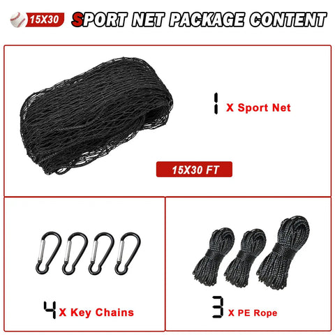 Durable Baseball Softball Backstop Net For Backyard Training 15x30 Ft Twisted Knotted Nylon Barrier Netting with accessories