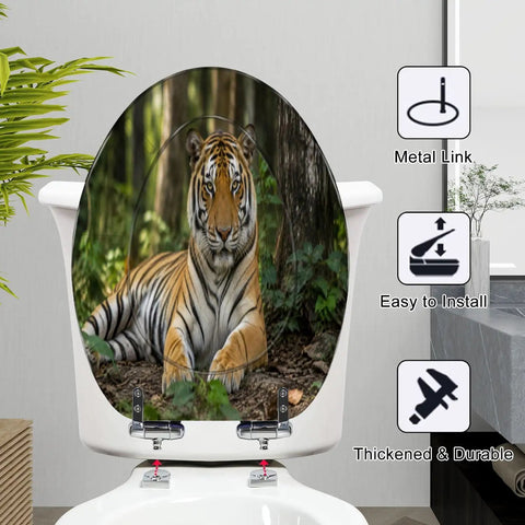 Elongated Tiger portrait Toilet Seat with durable resin, featuring a serene tiger design, easy to install and sturdy.