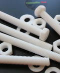 Top Shelf Natural PTFE Hex Head Bolts M10 X 100mm Screw Set visible with nuts and washers on a dark background.