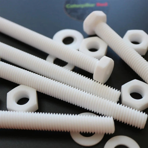 Top Shelf Natural PTFE Hex Head Bolts M10 X 100mm Screw Set visible with nuts and washers on a dark background.