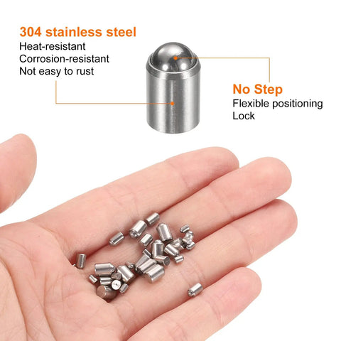 304 stainless steel ball spring plungers in hand, showcasing Built Different 30 Pack Ball Spring Plunger Set for secure locking.