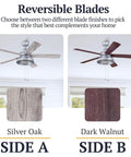 Industrial 52 Inch Ceiling Fan With Light Kit For Indoor And Outdoor Spaces Pull Chain Control Five Dual Finish Blades In Galvanized, showing reversible silver oak and dark walnut blade finishes in a room setting.