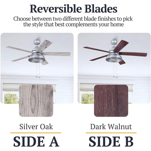Industrial 52 Inch Ceiling Fan With Light Kit For Indoor And Outdoor Spaces Pull Chain Control Five Dual Finish Blades In Galvanized, showing reversible silver oak and dark walnut blade finishes in a room setting.