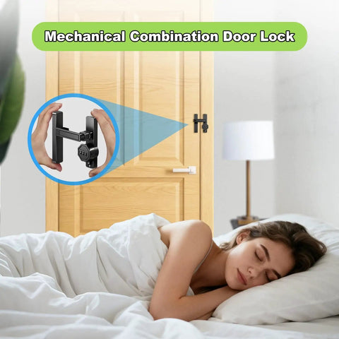 Keyless Barn Door Lock With Three Digit Password, Flip Latch For 90 And 180 Degree Sliding Doors, black finish on wooden door