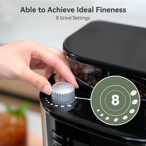 Close-up of hand adjusting dial on Electric Coffee Grinder With 35 Grind Settings For Espresso, Drip, And French Press, Black
