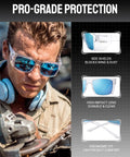 Tough As Nails Wraparound Safety Sunglasses Featuring Detachable Side Shields Impact Resistant Tinted Lenses Blocking Wind And Debris Heavy Duty Work Shades For Men, worn by a man with side shields and blue lenses.