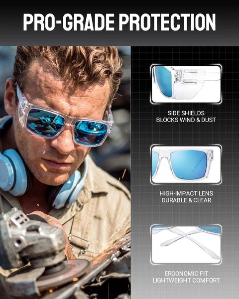 Tough As Nails Wraparound Safety Sunglasses Featuring Detachable Side Shields Impact Resistant Tinted Lenses Blocking Wind And Debris Heavy Duty Work Shades For Men, worn by a man with side shields and blue lenses.