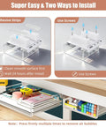 Installation guide for 3 Pack Clear Under Desk Slide Out Organizers With Dual Adhesive Or Screw Mount Installation, showing adhesive and screw options.