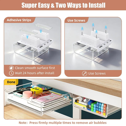 Installation guide for 3 Pack Clear Under Desk Slide Out Organizers With Dual Adhesive Or Screw Mount Installation, showing adhesive and screw options.