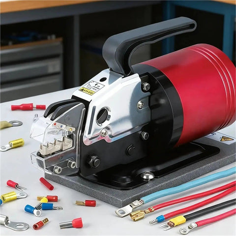 Featuring Replaceable Dies, This Mini Pneumatic Crimping Machine for electrical connectors with various wire types and terminals.