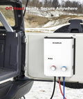 Quick Release Mounting Bracket For AY132 Portable Water Heater mounted on vehicle door showcasing outdoor setup.