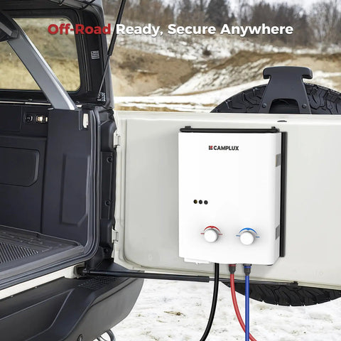 Quick Release Mounting Bracket For AY132 Portable Water Heater mounted on vehicle door showcasing outdoor setup.